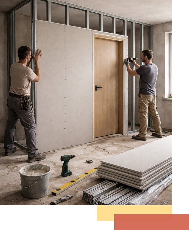 Перегородка из гипсокартона с дверью под ключ в Черкесске