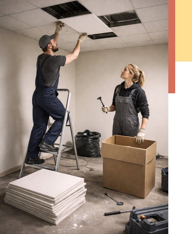 Демонтаж потолочной плитки в Черкесске от 4588 руб. быстро и недорого | ОТДЕЛОЧНИК-Чрк