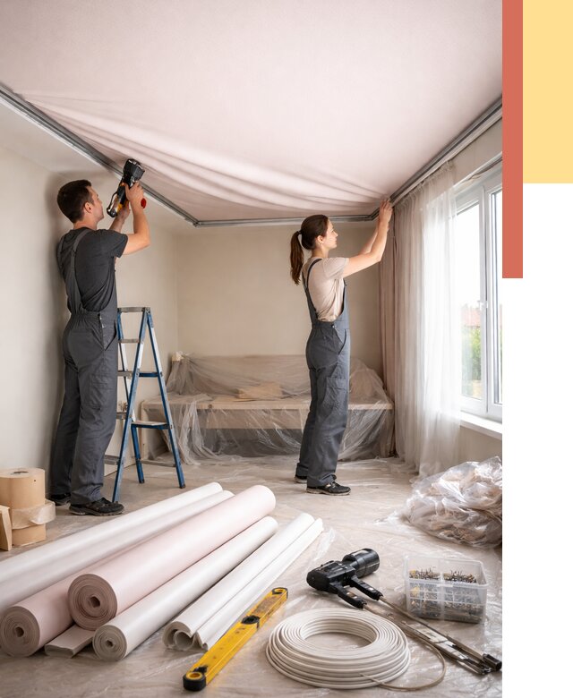 Монтаж цветного натяжного потолка в Черкесске от 4282 руб/м² — быстро и недорого | ОТДЕЛОЧНИК-Чрк