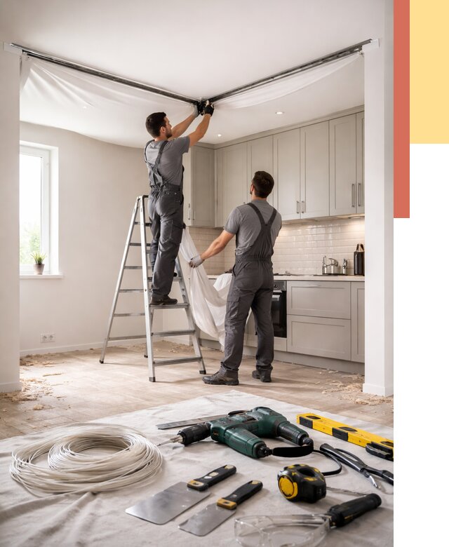 Установка натяжного потолка на кухне в Черкесске от 2447 руб. | ОТДЕЛОЧНИК-Чрк