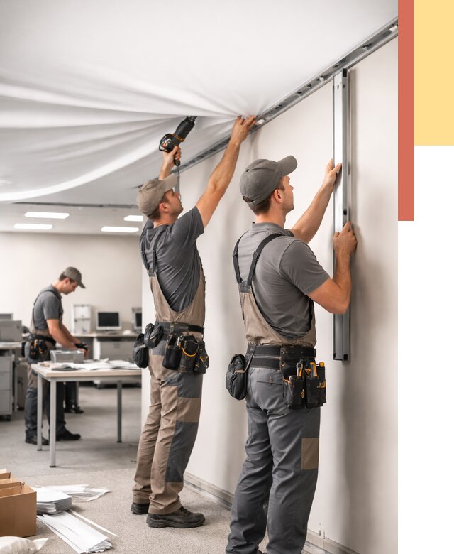 Монтаж натяжного потолка в офисе в Черкесске от 459 руб/м² — быстро и недорого | ОТДЕЛОЧНИК-Чрк