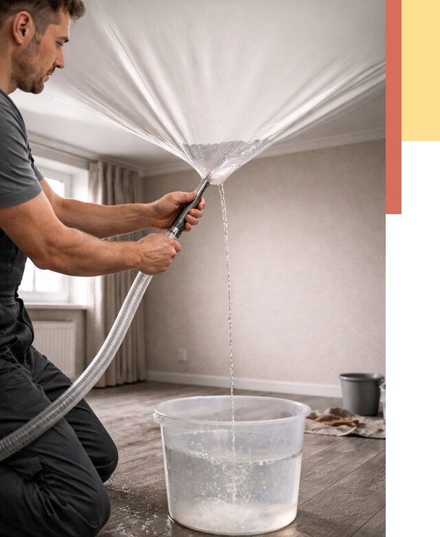 Слив воды с натяжного потолка в Черкесске от 2549 руб. быстро и недорого | ОТДЕЛОЧНИК-Чрк